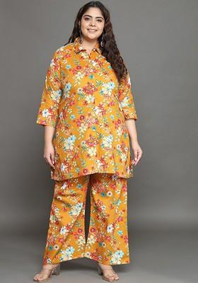 Yellow Plus Size Floral Printed Shirt Collar Ethnic Pure Cotton Top With Palazzos