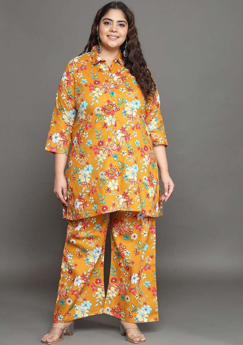 Yellow Plus Size Floral Printed Shirt Collar Ethnic Pure Cotton Top With Palazzos - Indya