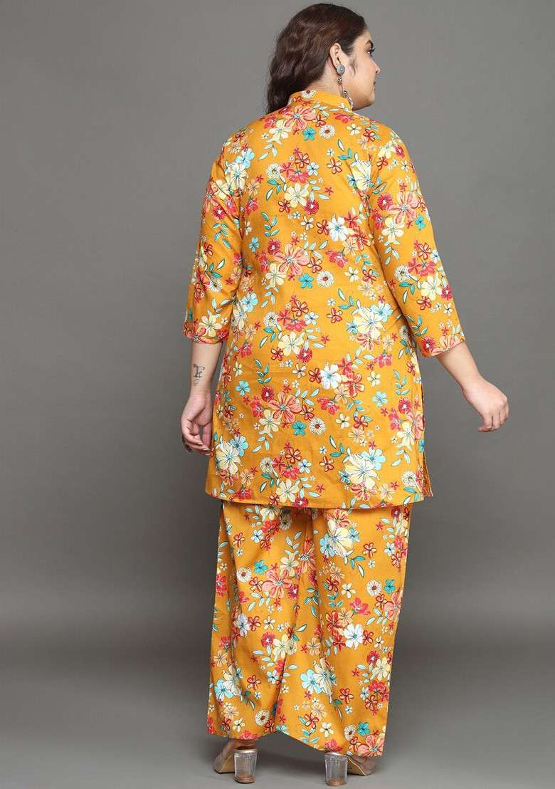 Yellow Plus Size Floral Printed Shirt Collar Ethnic Pure Cotton Top With Palazzos - Indya