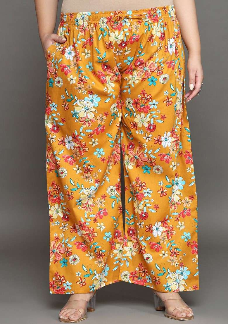 Yellow Plus Size Floral Printed Shirt Collar Ethnic Pure Cotton Top With Palazzos - Indya