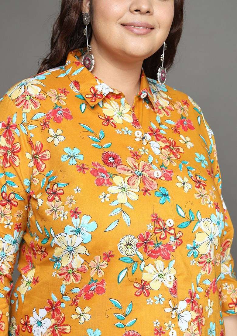 Yellow Plus Size Floral Printed Shirt Collar Ethnic Pure Cotton Top With Palazzos - Indya