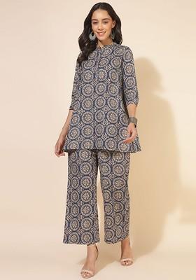Blue Printed Pure Cotton Tunic And Palazzo Coord Set