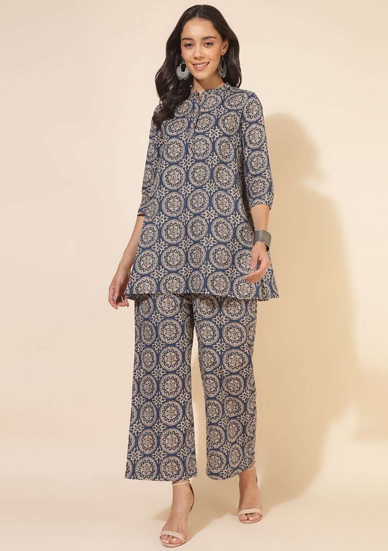 Blue Printed Pure Cotton Tunic And Palazzo Coord Set - Indya