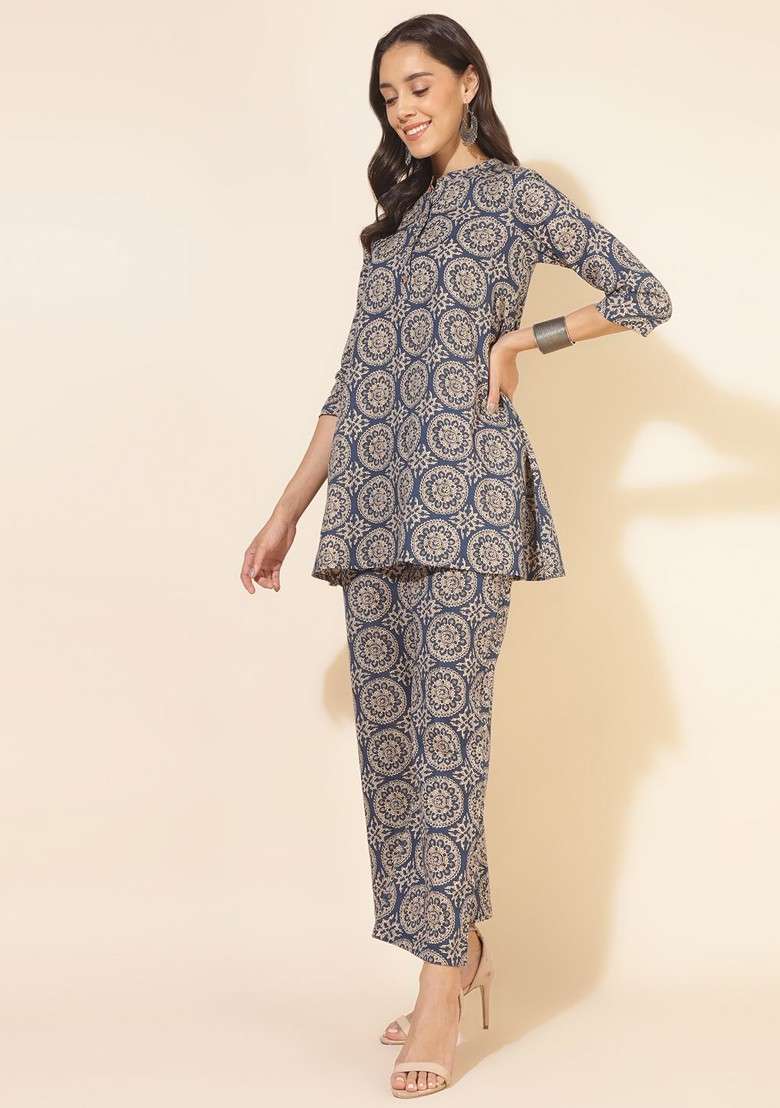 Blue Printed Pure Cotton Tunic And Palazzo Coord Set - Indya