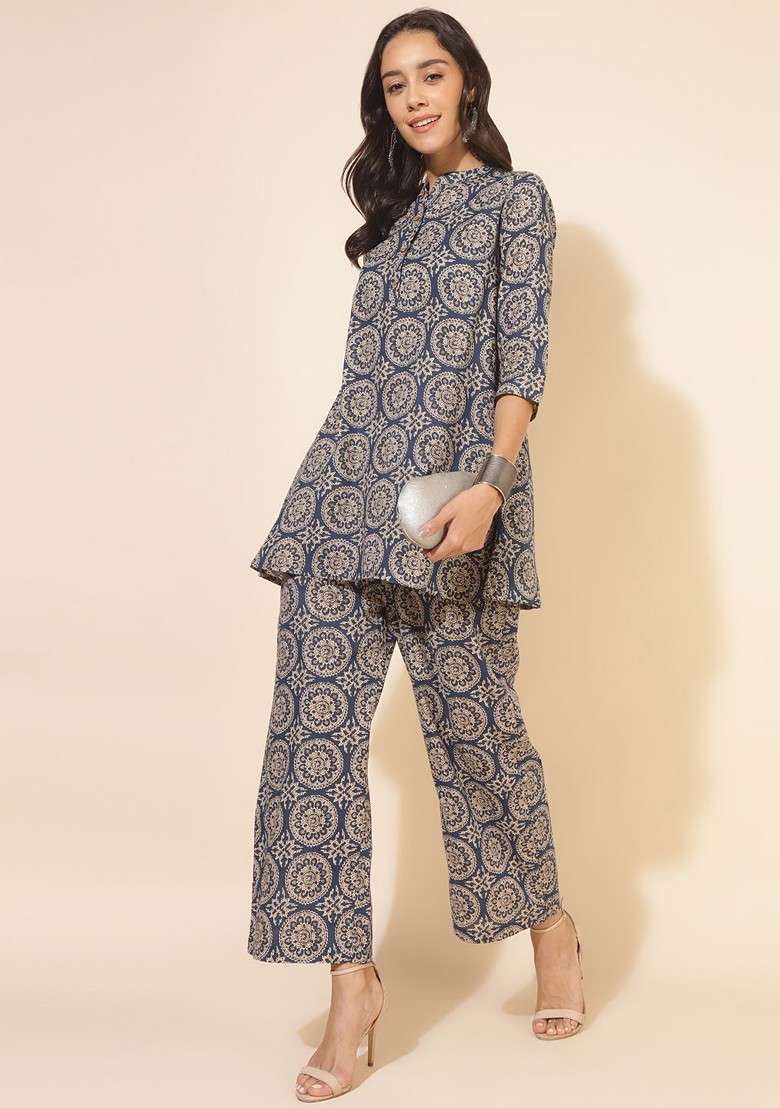 Blue Printed Pure Cotton Tunic And Palazzo Coord Set - Indya