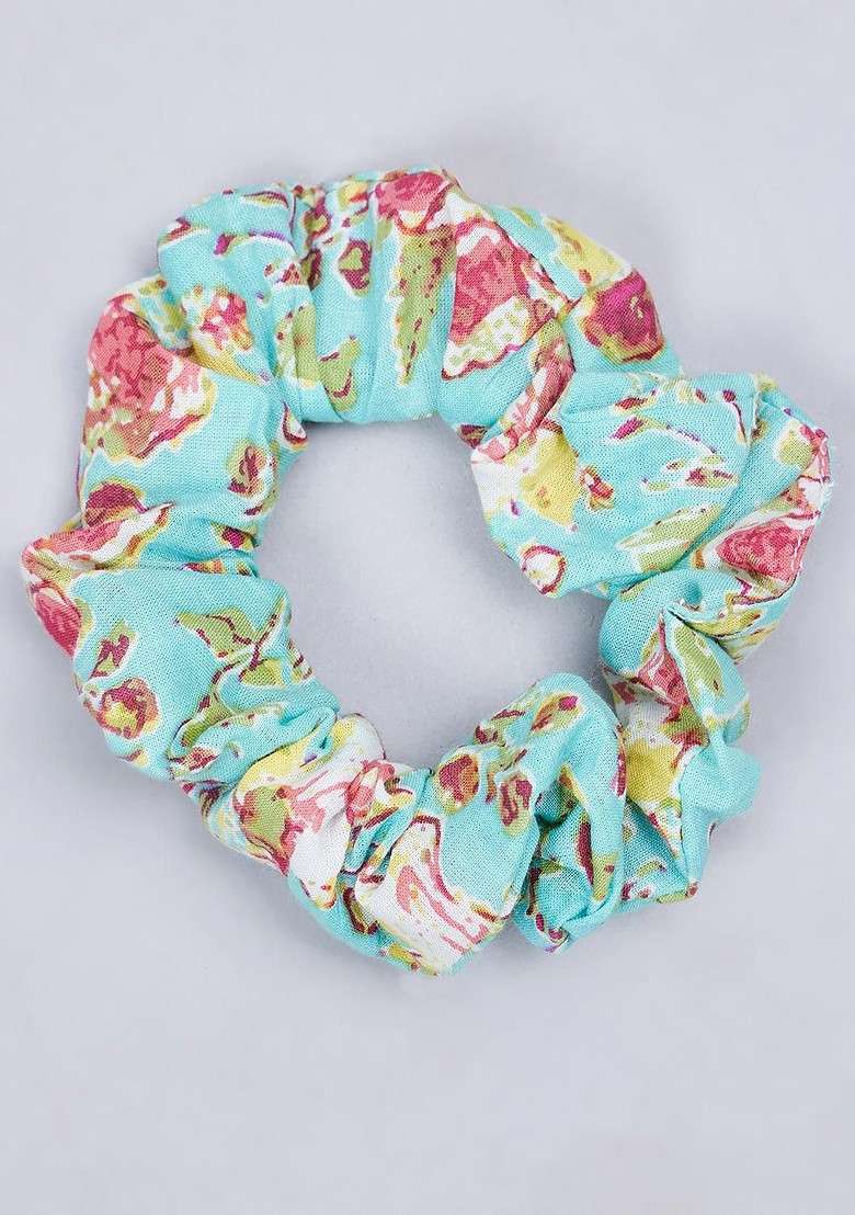 Sea Green Floral Printed Round Neck Pure Cotton Top With Trouser And Scrunchie - Indya