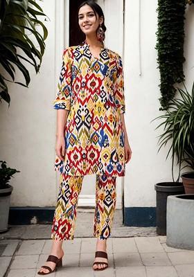 Yellow Printed Mandarin Collar Pure Cotton Tunic And Trouser