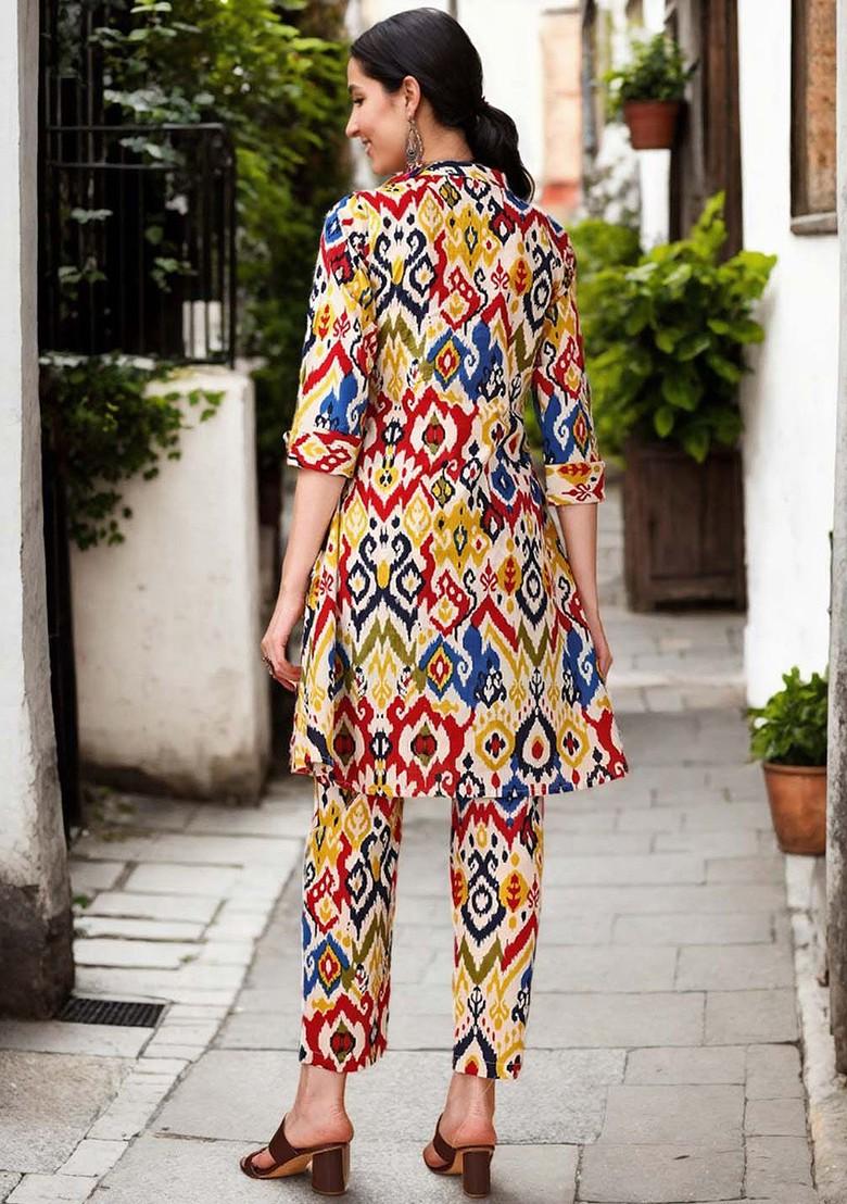 Yellow Printed Mandarin Collar Pure Cotton Tunic And Trouser