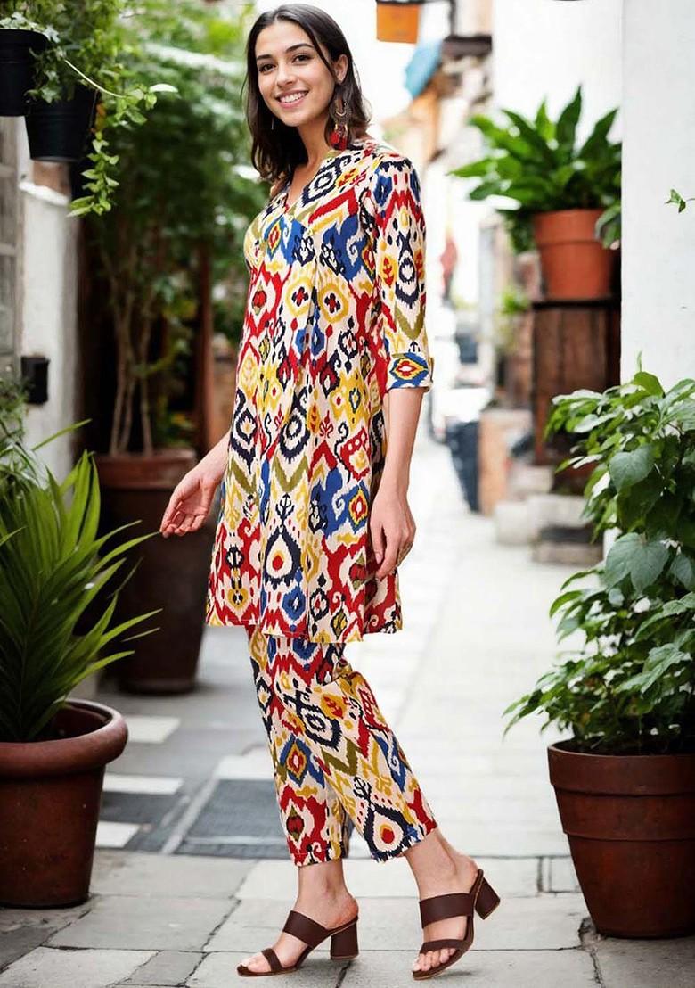 Yellow Printed Mandarin Collar Pure Cotton Tunic And Trouser