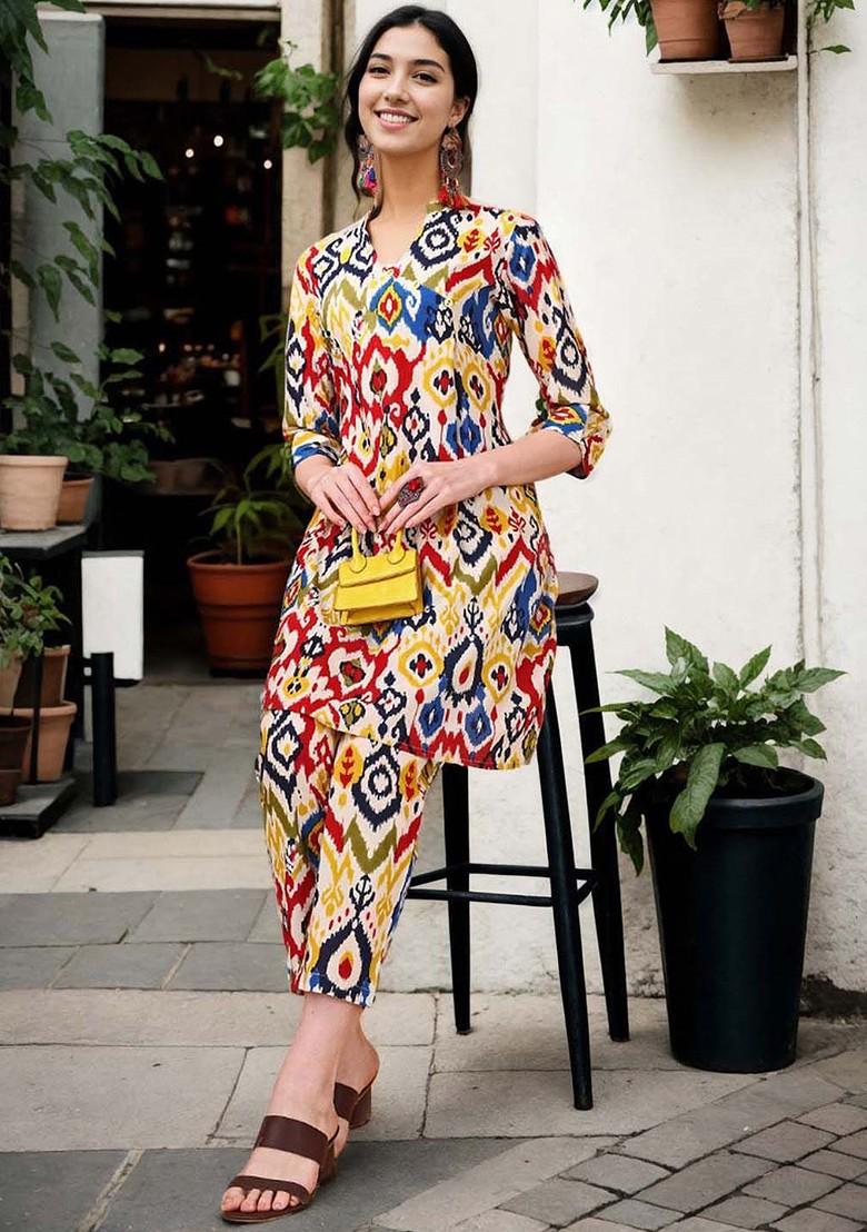 Yellow Printed Mandarin Collar Pure Cotton Tunic And Trouser