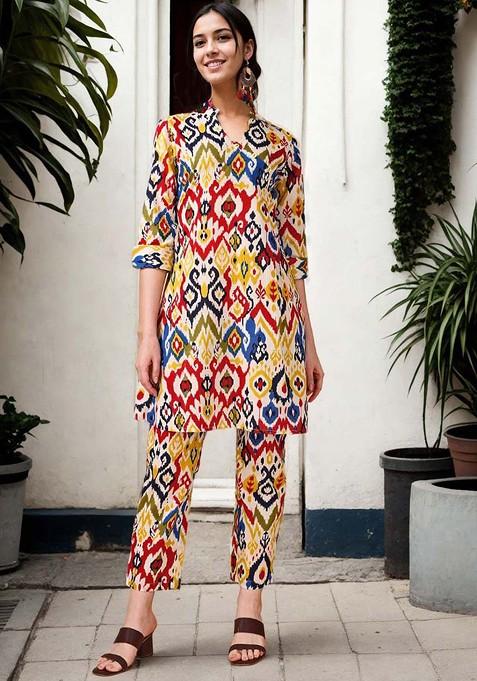 Yellow Printed Mandarin Collar Pure Cotton Tunic And Trouser