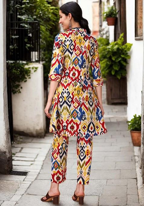 Yellow Printed Mandarin Collar Pure Cotton Tunic And Trouser