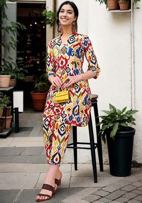 Yellow Printed Mandarin Collar Pure Cotton Tunic And Trouser