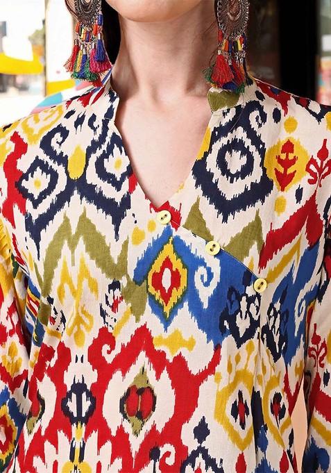 Yellow Printed Mandarin Collar Pure Cotton Tunic And Trouser