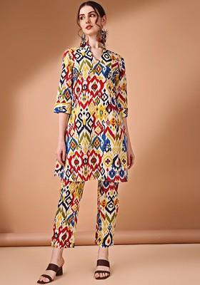 Off White Printed Pure Cotton Tunic And Trousers