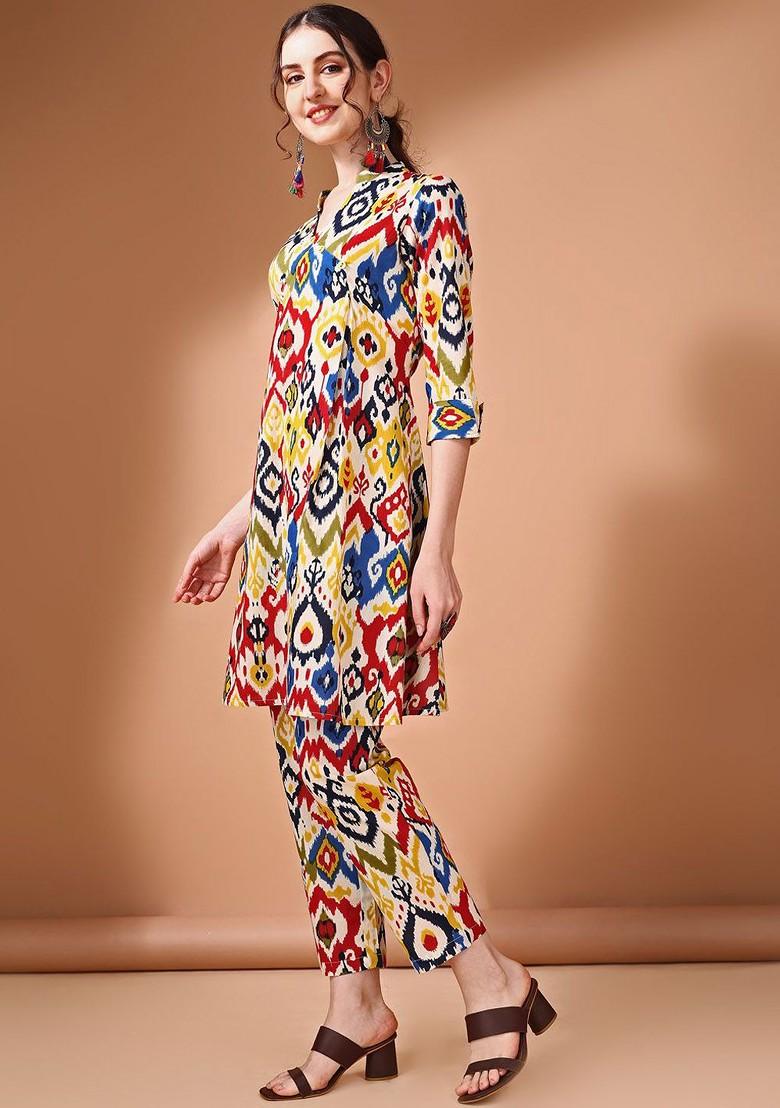 Off White Printed Pure Cotton Tunic And Trousers - Indya