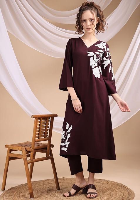 Purple Embroidered Vneck Kurta With Trousers Coords