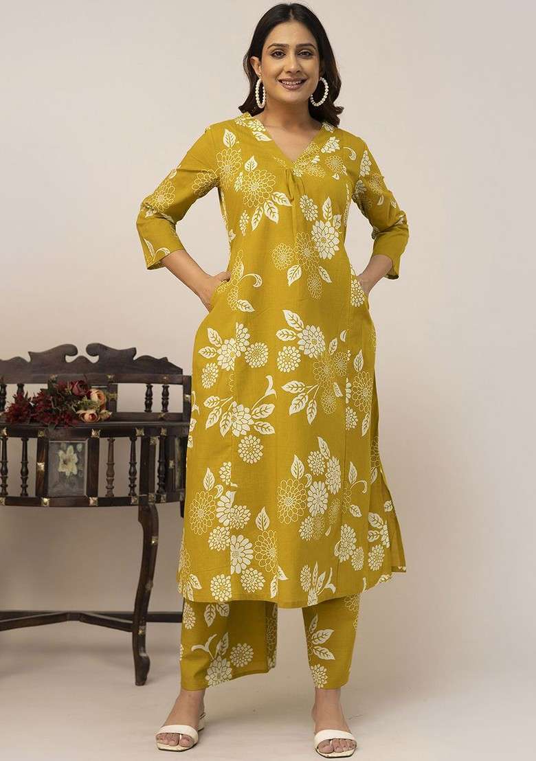 Yellow Floral Printed Pure Cotton Tunic And Palazzo Coord Set - Indya