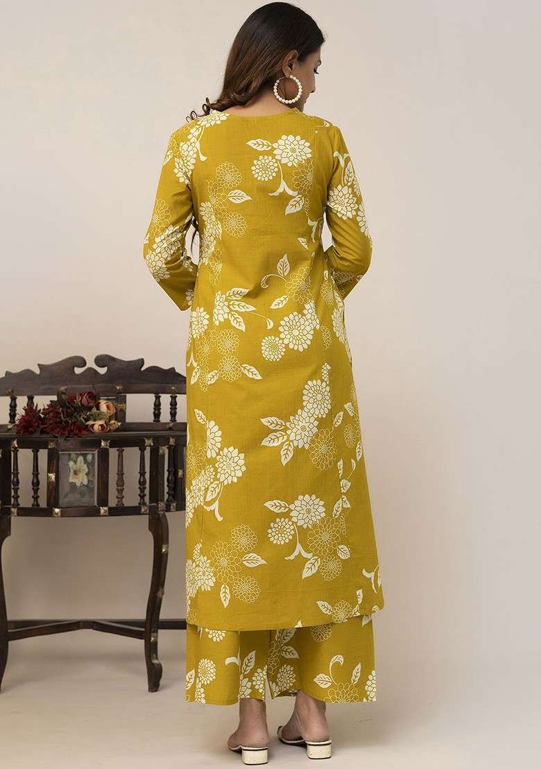 Yellow Floral Printed Pure Cotton Tunic And Palazzo Coord Set - Indya