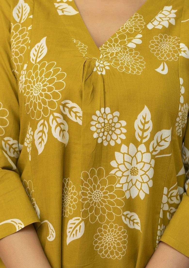 Yellow Floral Printed Pure Cotton Tunic And Palazzo Coord Set - Indya