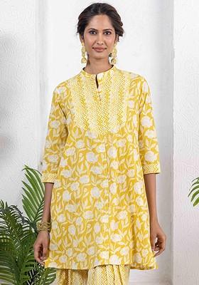 Yellow Pure Cotton Printed Tunic Ith Sal Ar Coords