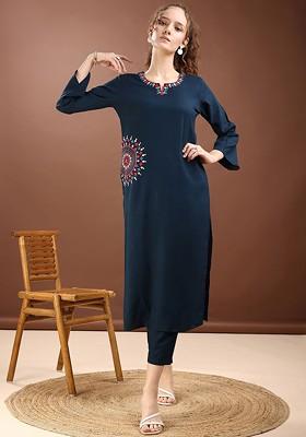 Teal Embroidered Round Neck Kurta With Trousers Coords