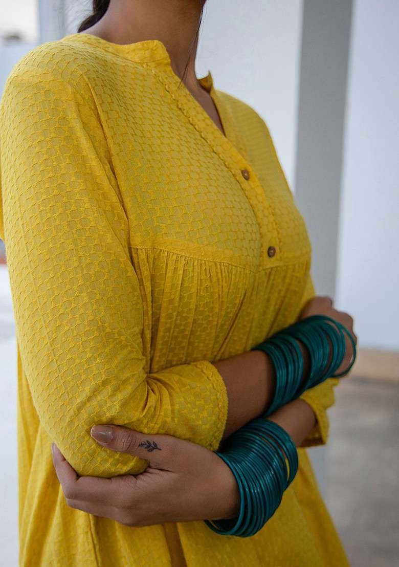 Yellow Selfdesign Mandarin Collar Cuffed Sleeves Pure Cotton Aline Tunic With Trouser - Indya