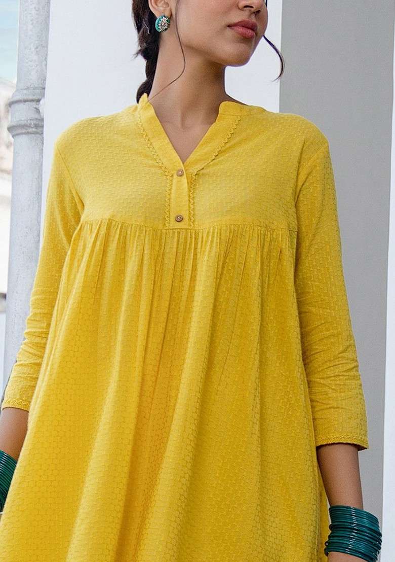 Yellow Selfdesign Mandarin Collar Cuffed Sleeves Pure Cotton Aline Tunic With Trouser - Indya