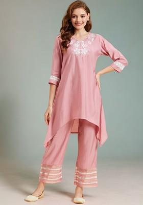 Pink Floral Embroidered Vneck Tunic With Trousers