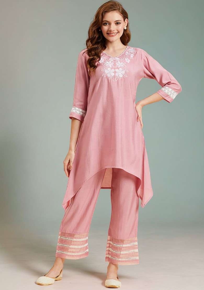 Pink Floral Embroidered Vneck Tunic With Trousers - Indya