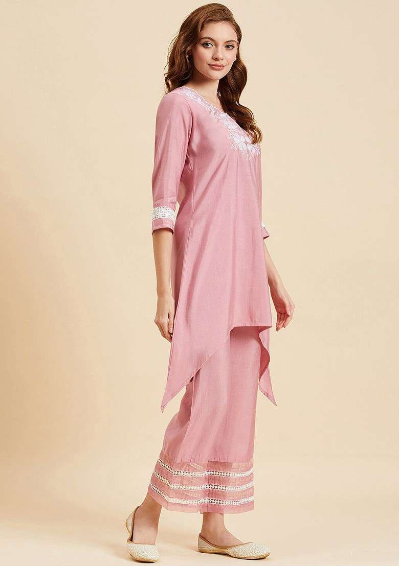 Pink Floral Embroidered Vneck Tunic With Trousers - Indya