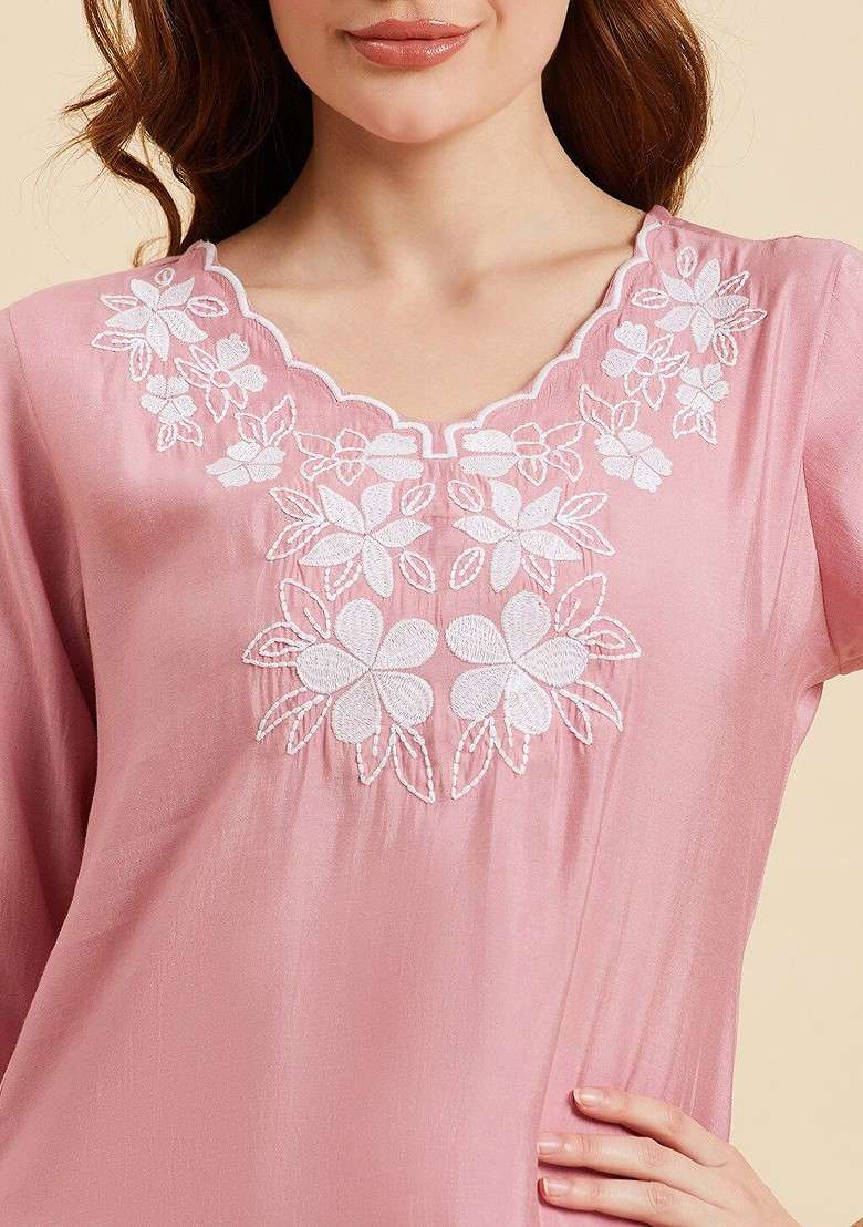 Pink Floral Embroidered Vneck Tunic With Trousers - Indya