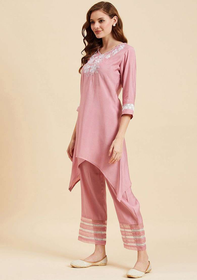 Pink Floral Embroidered Vneck Tunic With Trousers - Indya