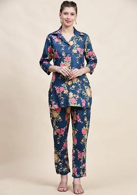 Blue Floral Printed Shirt Collar Pure Cotton Tunic With Trousers