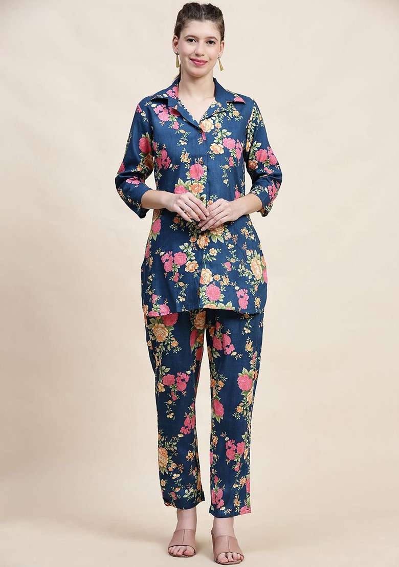 Blue Floral Printed Shirt Collar Pure Cotton Tunic With Trousers - Indya