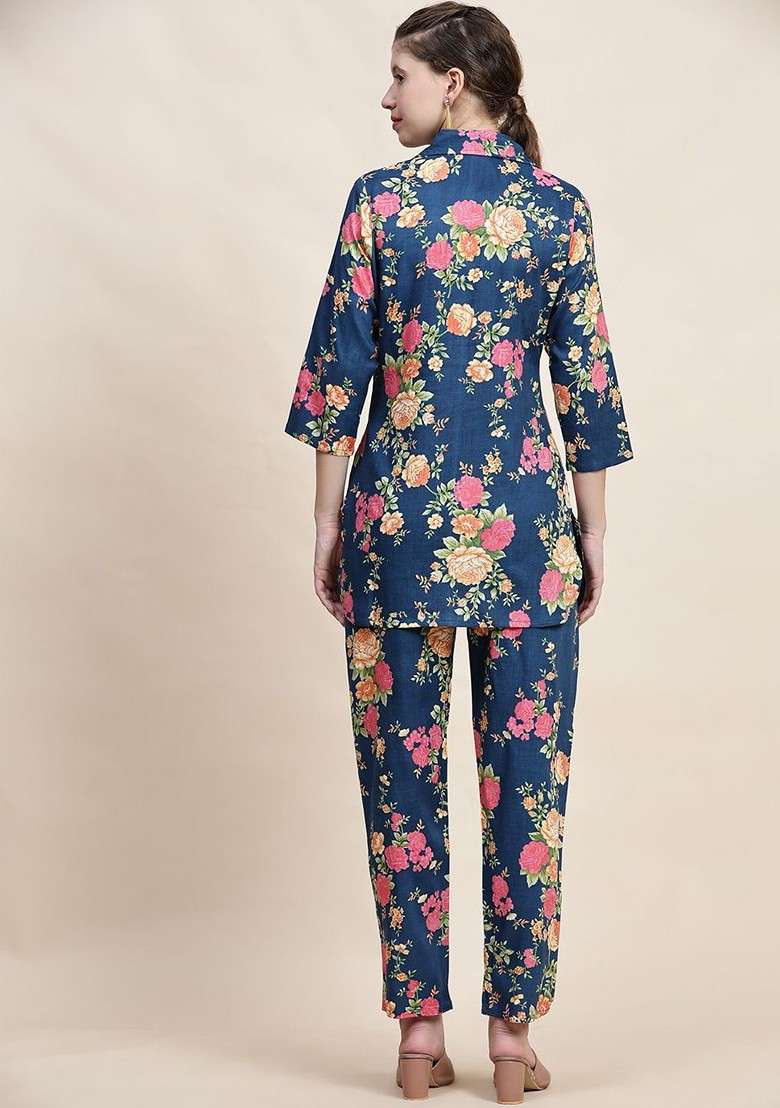Blue Floral Printed Shirt Collar Pure Cotton Tunic With Trousers - Indya