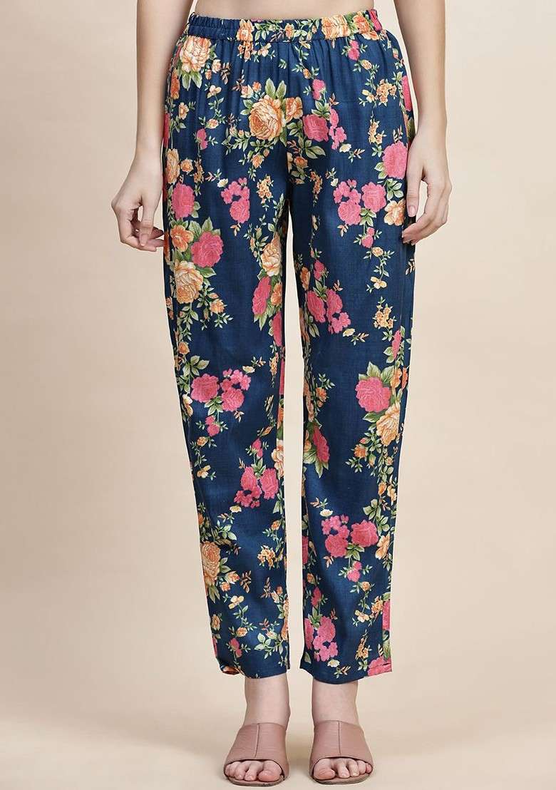 Blue Floral Printed Shirt Collar Pure Cotton Tunic With Trousers - Indya