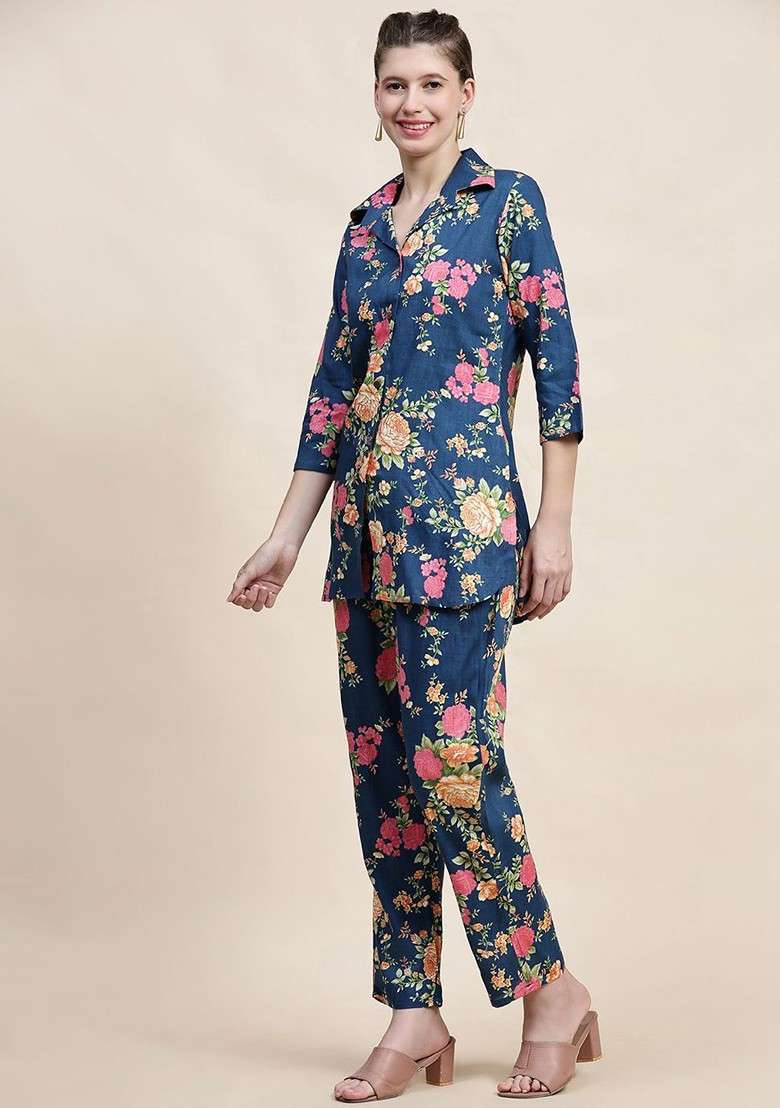 Blue Floral Printed Shirt Collar Pure Cotton Tunic With Trousers - Indya
