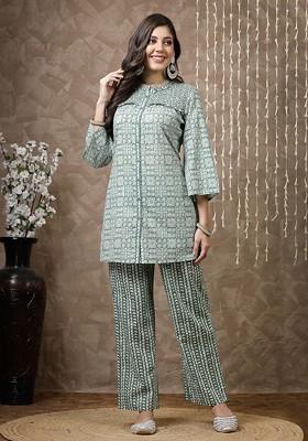 Green Women Printed Cotton Tunic With Palazzos