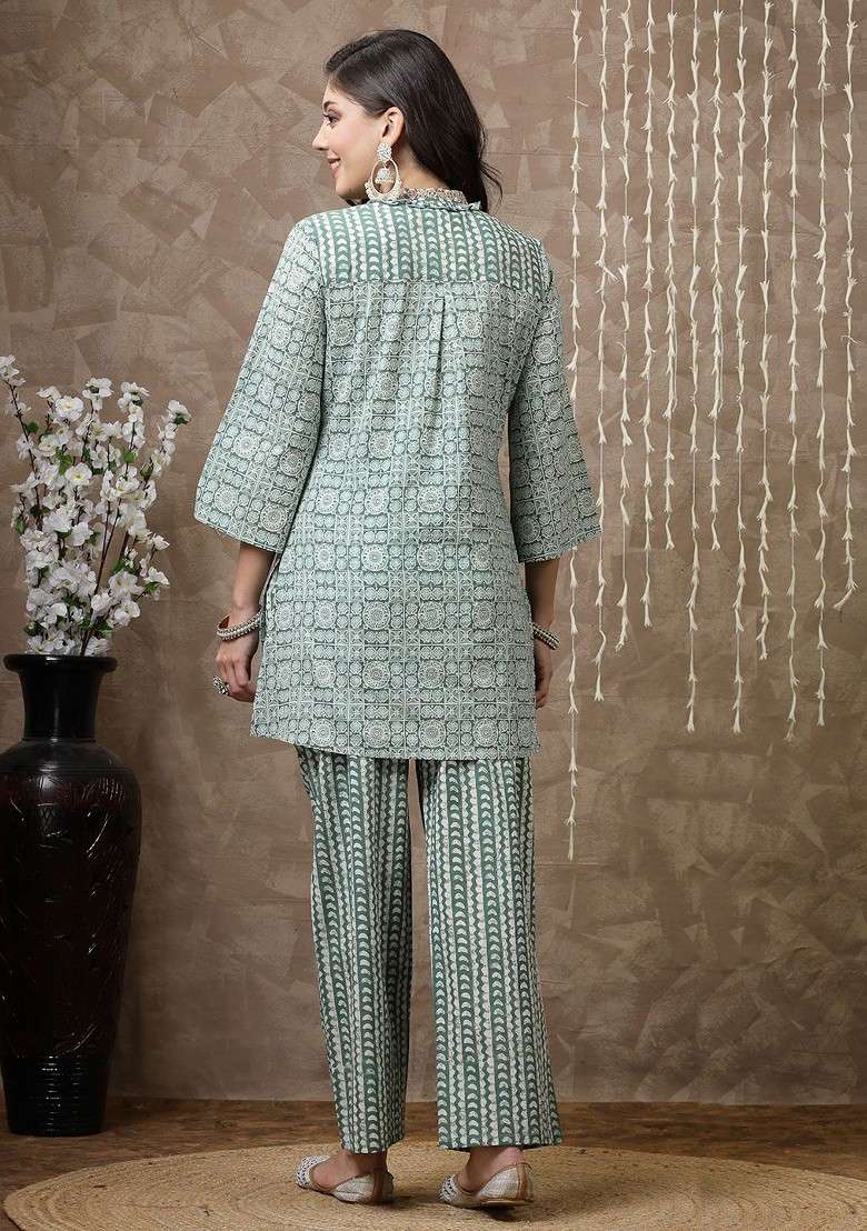 Green Women Printed Cotton Tunic With Palazzos - Indya