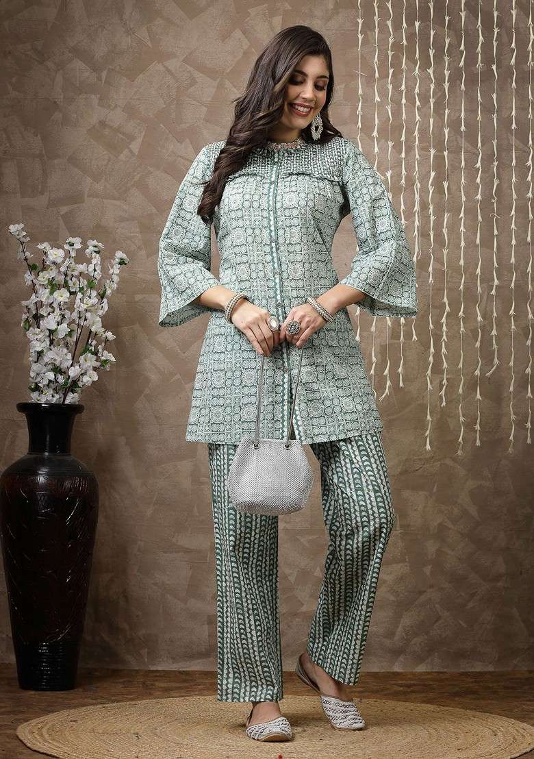 Green Women Printed Cotton Tunic With Palazzos - Indya