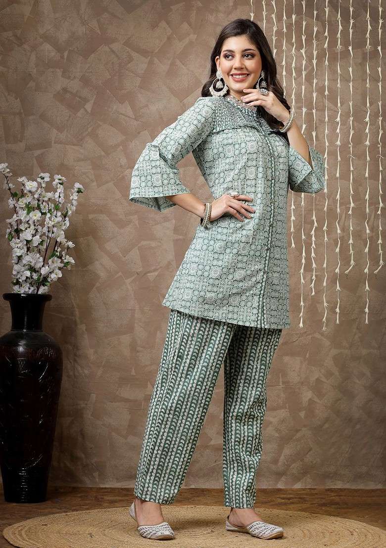 Green Women Printed Cotton Tunic With Palazzos - Indya
