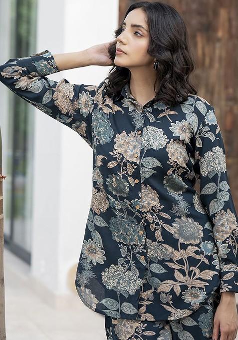 Black Floral Printed Long Sleeves Shirt With Trousers