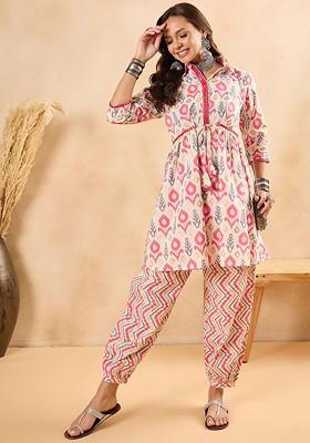 Off White Ethnic Motifs Printed Shirt Collar Pure Cotton Tunic And Trousers