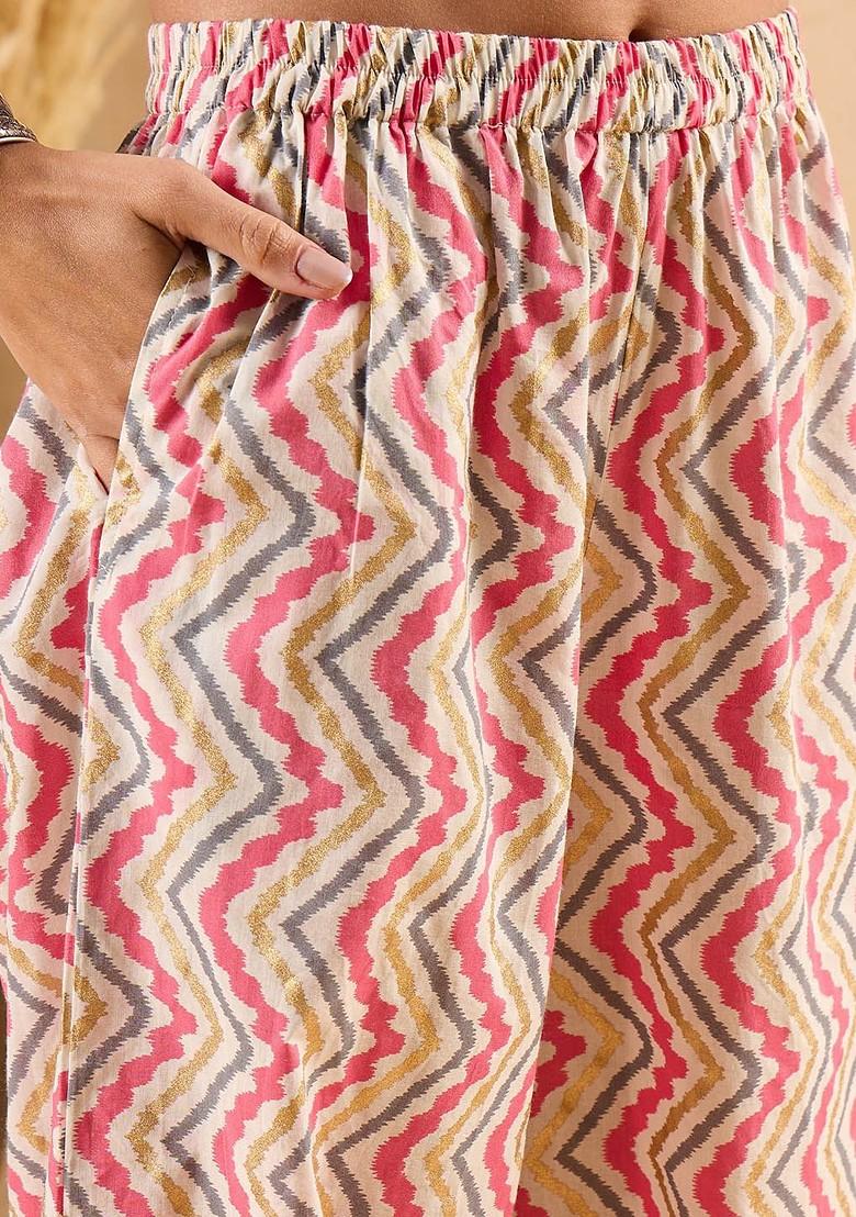 Off White Ethnic Motifs Printed Shirt Collar Pure Cotton Tunic And Trousers