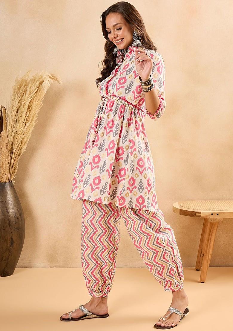Off White Ethnic Motifs Printed Shirt Collar Pure Cotton Tunic And Trousers