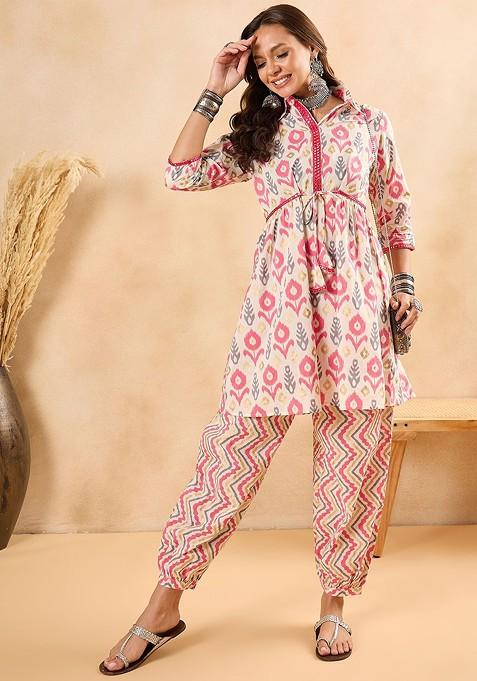 Off White Ethnic Motifs Printed Shirt Collar Pure Cotton Tunic And Trousers