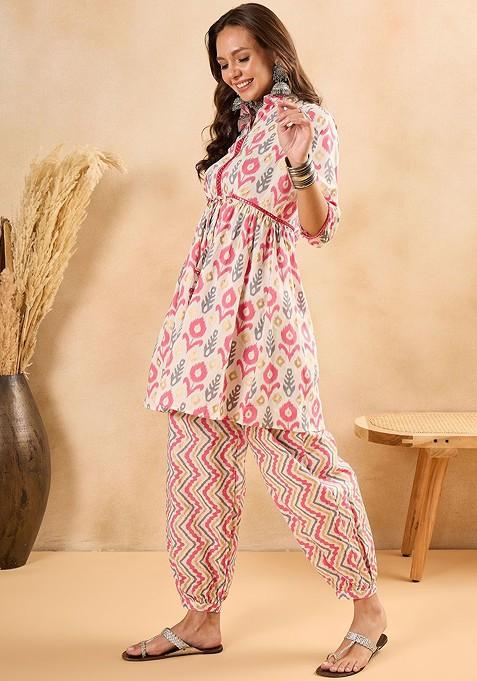 Off White Ethnic Motifs Printed Shirt Collar Pure Cotton Tunic And Trousers