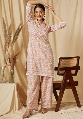 Off White Floral Printed Mandarin Collar Pure Cotton Tunic Ith Trouser