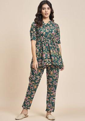 Green Floral Printed Shirt Collar Pure Cotton Tunic With Trousers